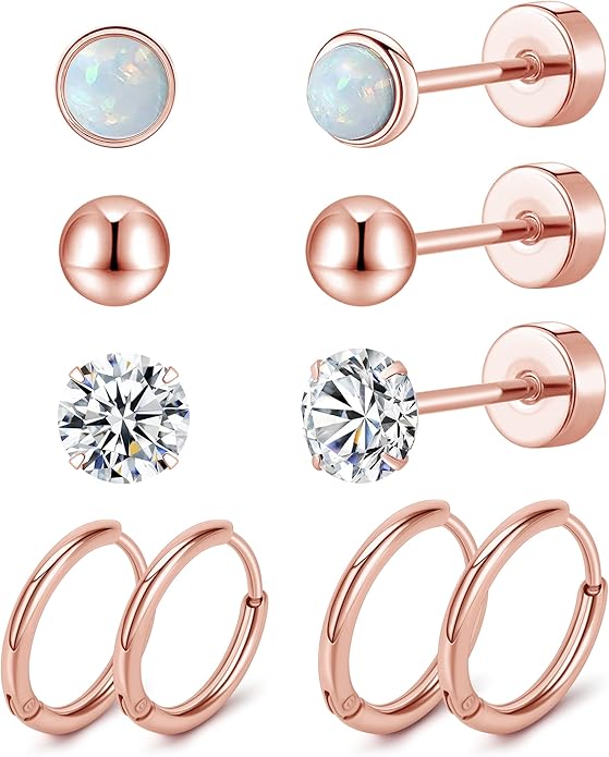 MJust Titanium Earrings for Sensitive Ears 20G Hypoallergenic Stud Hoop Earrings for Women Men Opal Ball CZ Heart Pearl Flat Back Earrings Cartilage Earrings Set