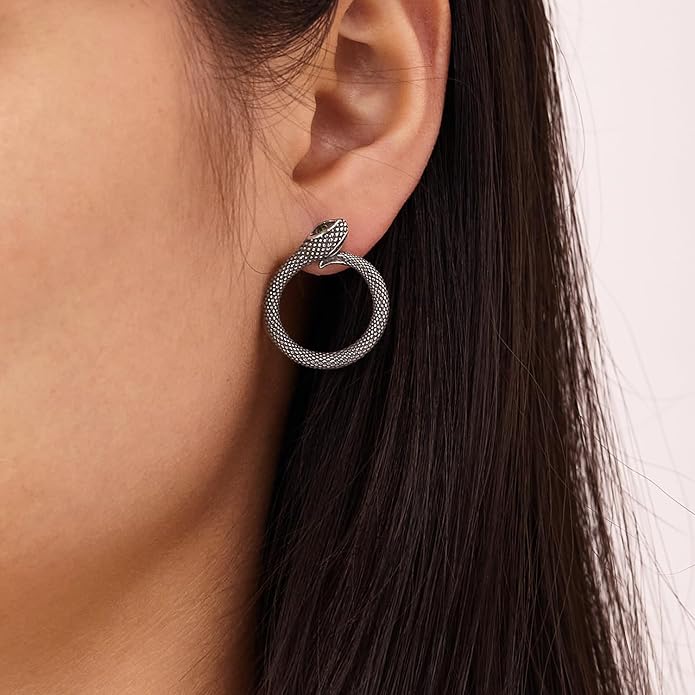 snake shaped personalized earrings with stainless steel pattern inlaid with emerald gemstones, showcasing unique charm for daily parties