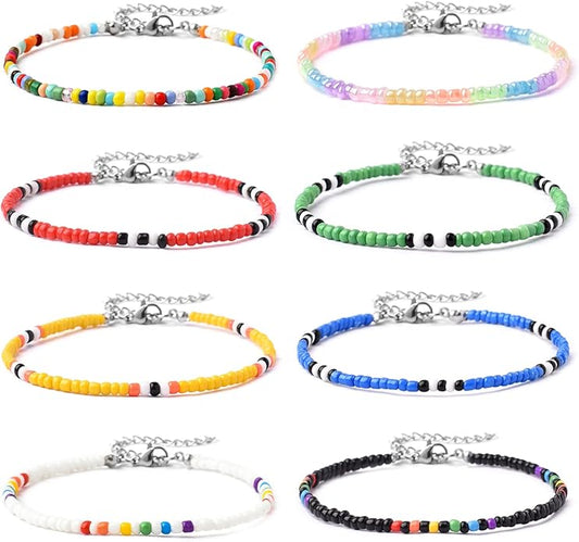 XIJIN 8Pcs Handmade Beaded Anklets for Women Boho Colorful Beads Ankle Bracelets Adjustable Foot Anklet Set