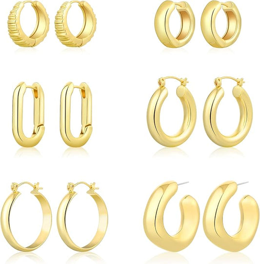 6 Pairs 14K Gold Plated Hoop Earrings for Women Trendy Chunky Lightweight Hoop Earrings Multipack Hypoallergenic, Thick Twisted Huggie Hoops Earring Set Jewelry for Gifts