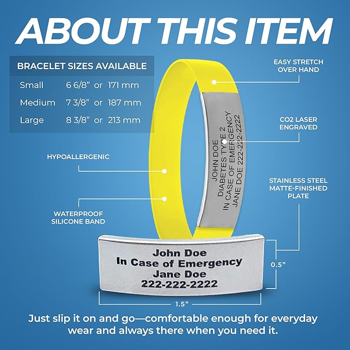 Personalized Medical Alert Bracelet for Men & Women – Custom Engraved Waterproof Silicone Wristband with Stainless Steel ID Plate – Medical ID Bracelet for Allergies, Conditions, ICE Info & Emergency Card