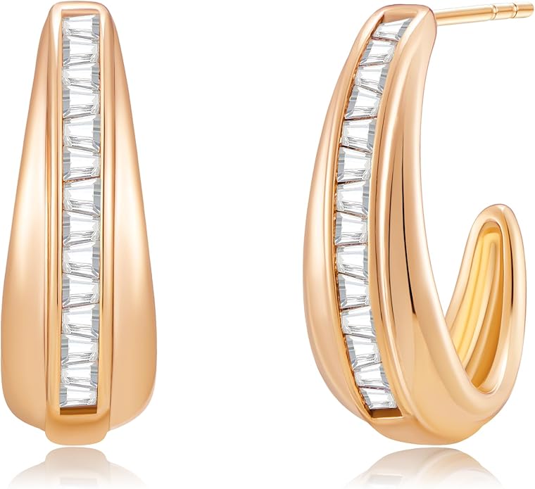 14K Gold & Rose Gold Hoop Earrings for Women, Chunky Huggie Half Hoops Earrings, Hypoallergenic Non Tarnish Cubic Zirconia Trendy Minimalist Everyday Jewelry Gift
