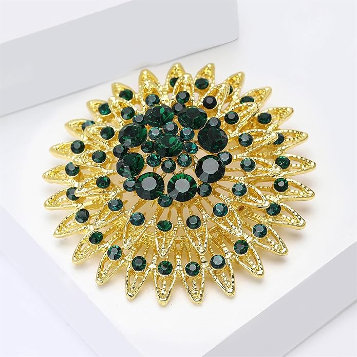 Vintage Rhinestone Round Flower Brooch Pin for Women,Sparkling Floral Lapel Pins Fashion Crystal Cluster Brooches Elegant Dress Accessories Christmas Wedding Jewelry