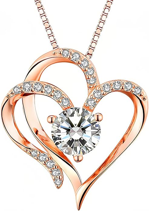 Double Heart Birthstone Necklace for Women - 925 Sterling Silver Adjustable Chain, 12-Month Cubic Zirconia Pendant, Gift for Wife/Girlfriend/Mom (Anniversary, Valentine's Day, Christmas)