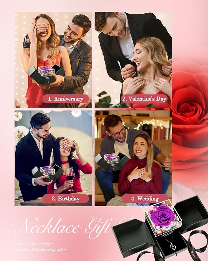 Birthday Gifts for Women, Preserved Real Roses with Heart Necklace I Love You in 100 Languages, Romantic Anniversary Wedding Gifts for Women Her Girlfriend Wife, Forever Roses Necklace Gift Box Purple