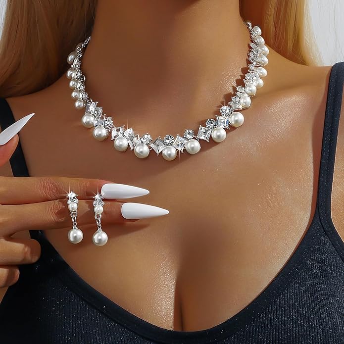 la luen Pearl Bride Wedding Jewelry Set Faux Pearls Crystal Rhinestone Necklace Earrings Bracelet Sets for Women Bridesmaid(3 PCS)