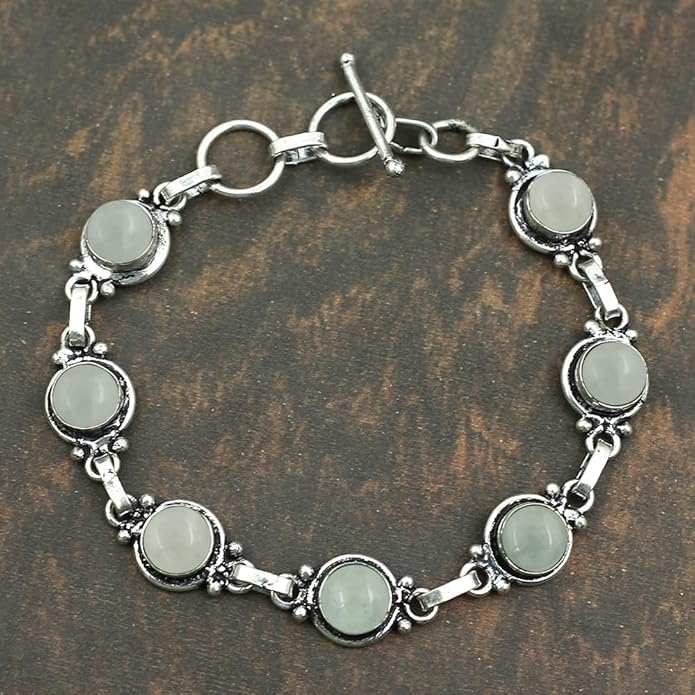 Round Shape Natural & Synthetic Gemstones Silver Plated Bracelets for Women - Vintage Bohemian Style Handmade Birthstone Adjustable Link Bracelet Jewelry Gifts for Wedding Anniversary Mother's Day