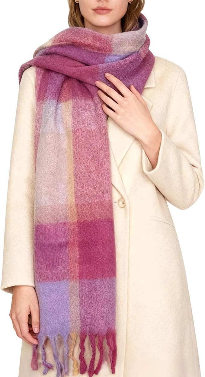 SHOHOKU Large Chunky Plaid Scarf Coloured Checked Oversized Scarf Tassel Soft Fall Winter Thick Warm Shawl Women