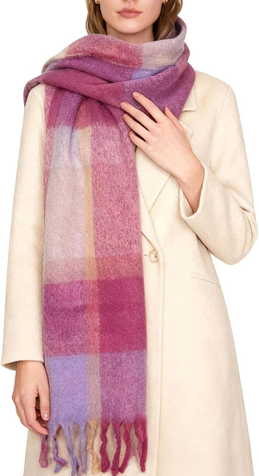 SHOHOKU Large Chunky Plaid Scarf Coloured Checked Oversized Scarf Tassel Soft Fall Winter Thick Warm Shawl Women