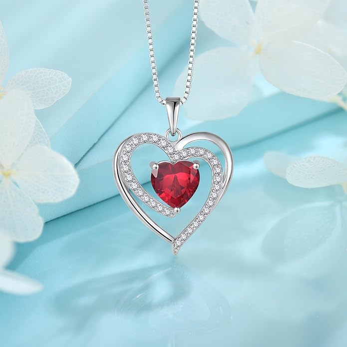 FJ Love Heart Necklace for Women 925 Sterling Silver Birthstone Pendant Anniversary Birthday Jewelry