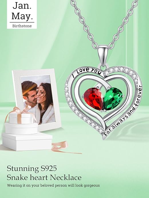 Zeuslia Double Birthstone Necklace Gifts for Wife - 925 Sterling Silver Sunflower/Rose/Crown Cross/Compass/Heart Pendant I Love You Necklace, Anniversary Birthday Gifts for Wife Girlfriend Mom Her