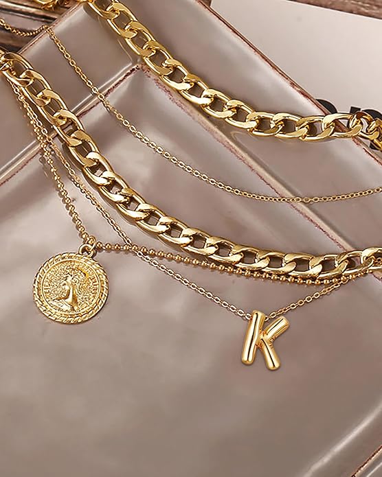 MJartoria Layered Necklaces for Women Trendy Balloon Initial Coin Pendant Necklace Dainty Chunky Chain Choker Necklaces Jewelry Birthday Gifts