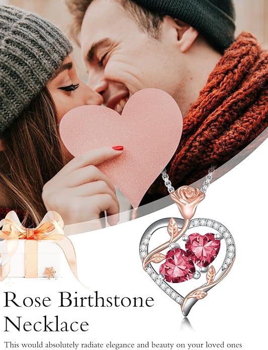 Christmas Gifts for Women Rose Heart Birthstone Pendant Necklace I Love You Forever Jewelry Valentine Mothers Day Birthday Gifts for Women Her Wife Girlfriend