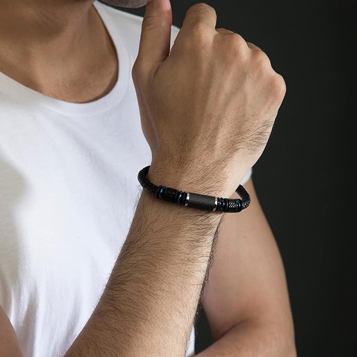 Men's Stainless Steel Two-Tone Square Link diamond Bracelet in Black & Blue Ion-Plated Black