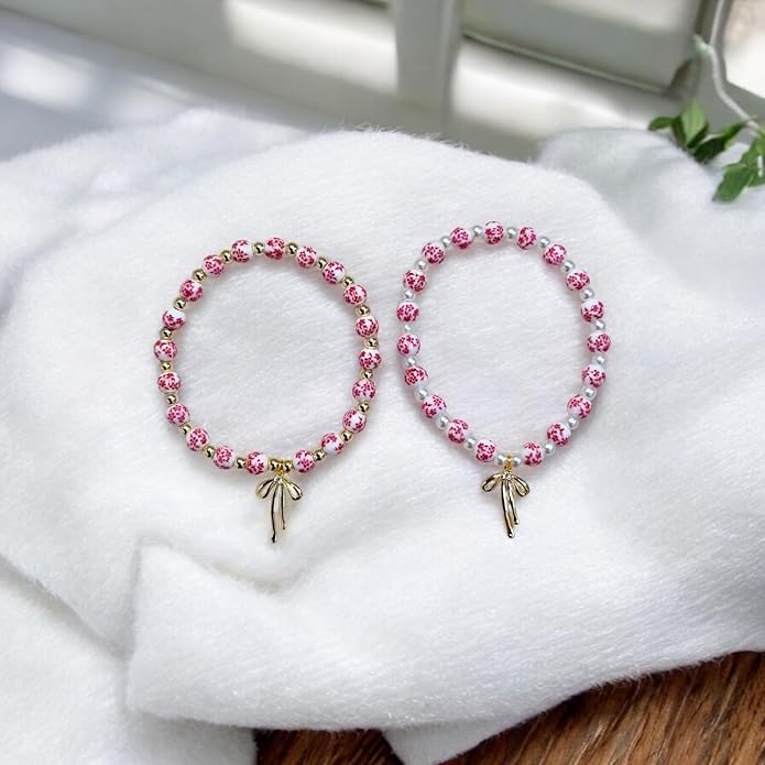 Beads Bow Charm Bracelet for Women Flower Vintage Bracelet Handmade Stretch Beaded Dainty Romantic Jewelry Gifts