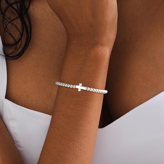 Beaded Bracelet for Women Trendy Stretch Handmade Ball Charm Bracelet Dainty Cross Heart Bow Wave CZ Stackable Jewelry Charm Gifts for Her