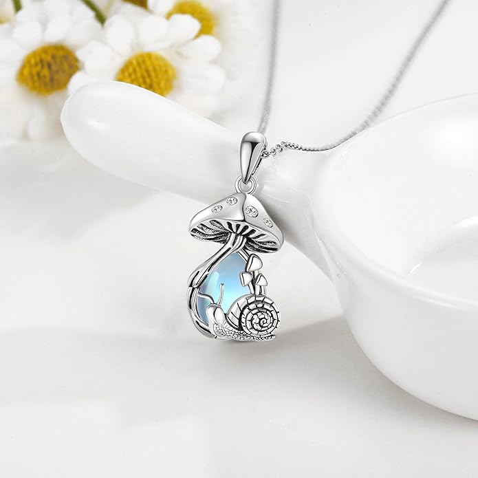 YAFEINI Mushroom Necklace Moonstone/Moss Agate/Malachite/Labradorite/Turquoise/Amber/Larimar/Black Onyx/Lapis Lazuli/Peridot/Opal Sterling Silver Mushroom Pendant Mother's Day Jewelry for Women Mom