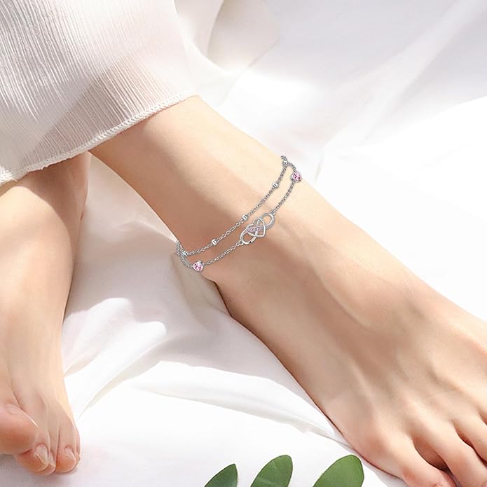 Anklet for Women 925 Sterling Silver Double Infinity Ankle Bracelet Waterproof Summer Jewelry Anniversary Birthday Gifts for Her