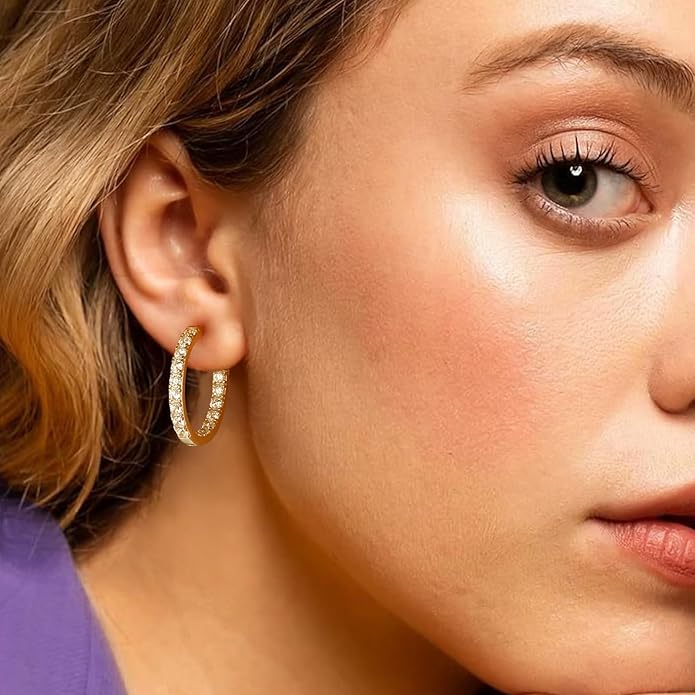 Yellow Gold Plated/925 Sterling Silver Sparkle Cubic Zirconia Hoop Earrings for Women fit Sensitive Ears 14mm/20mm/26mm Huggie/Medium/Large Hoops(with Gift Box)