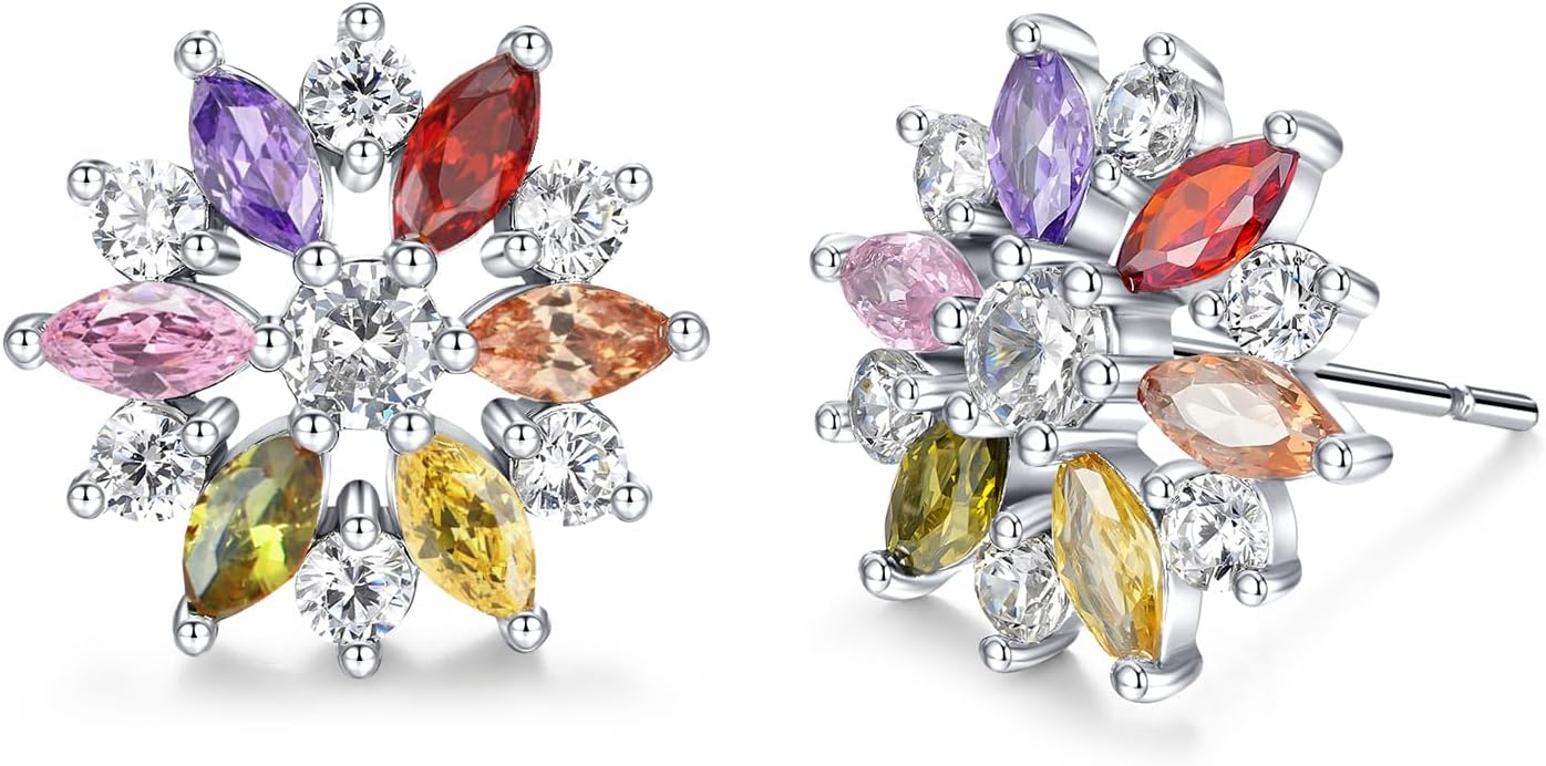 VONSSY Colorful Snowflake Pendant Necklace Earrings Rose Gold 5A Cubic Zirconia | Crystal Sweater Chain | Multi Gemstone Garnet Amethyst Morganite Peridot Prom Rhinestone Necklaces for Women Vintage Stylish Gift