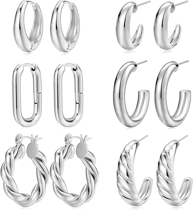 Hoop Earrings Set for Women, 6 Pairs 14K Gold Plated Lightweight Hypoallergenic Chunky Open Twisted Hoops Earrings Pack Jewelry