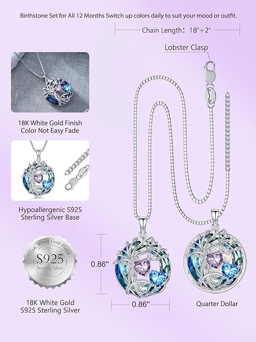 TOUPOP s925 Sterling Silver Family Celtic Tree of Life Pendant Necklaces with 2 Heart Birthstone with Blue Austrian Crystal Jewelry Birthday Anniversary Christmas Gifts for Her Wife Girlfriend Mom (18K Real White Gold Filled)