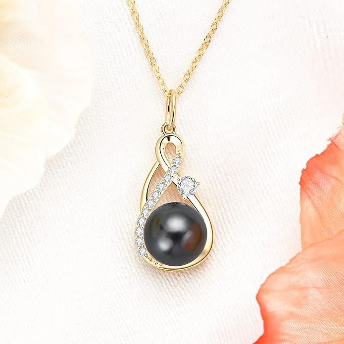 DENGGUANG Tahitian Black Pearl Necklace for Women Genuine 9-10mm Round Tahitian Cultured Pearls Pendant 18K Gold Plated 925 Sterling Silver - Jewelry Gifts for Mom Wife Daughter
