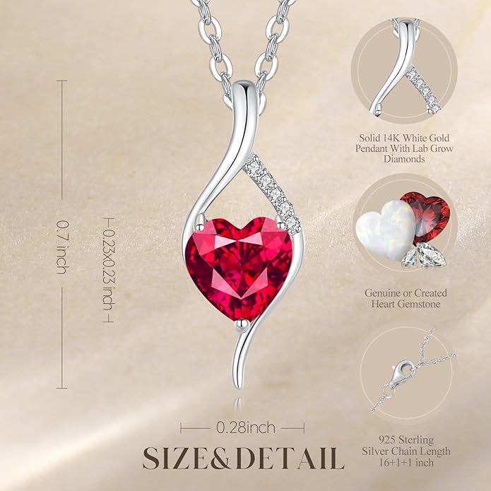FANCIME 14K Solid White Gold Birthstone Necklace Genuine or Created 6mm Heart Gemstone Pendant with Lab Grow Diamonds Sterling Silver Chain Fine Jewelry Anniversary Birthday Gifts for Women 16" + 2"