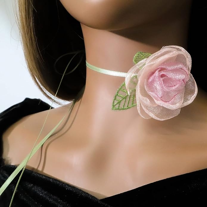 Black Choker Camellia Flower Lace-up Necklace For Women