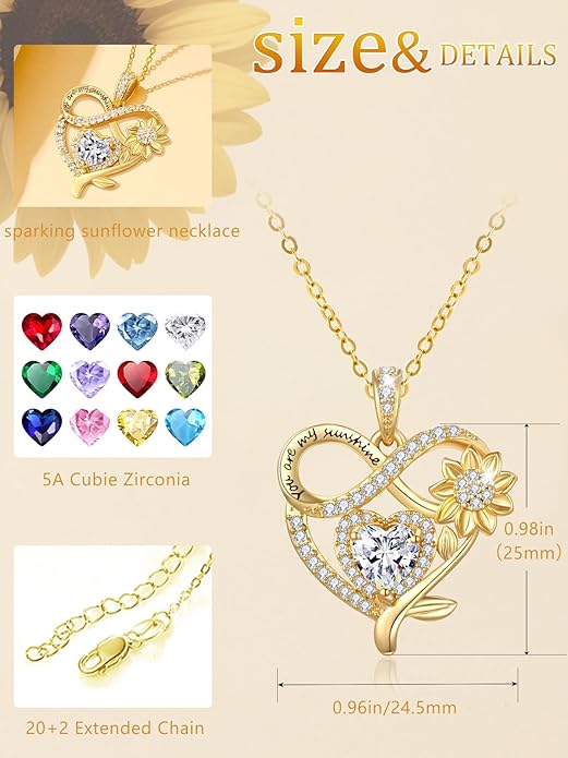 14K Gold Sunflower Heart Necklace for Women, You Are My Sunshine Jewelry with Birthstone Pendant, Anniversary Birthday Gifts for Her Wife Mom Grandma Daughter