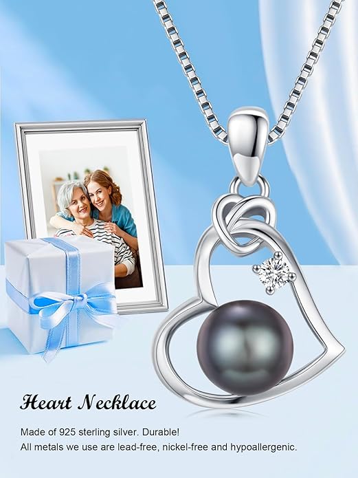 Tahitian Black Pearl 18K White Gold Plated Sterling Silver Heart/Infinity/Four Leaf Clover Pendant Necklace Jewelry Gifts for Women Wife Mom Girlfriend Wedding Birthday Anniversary Christmas