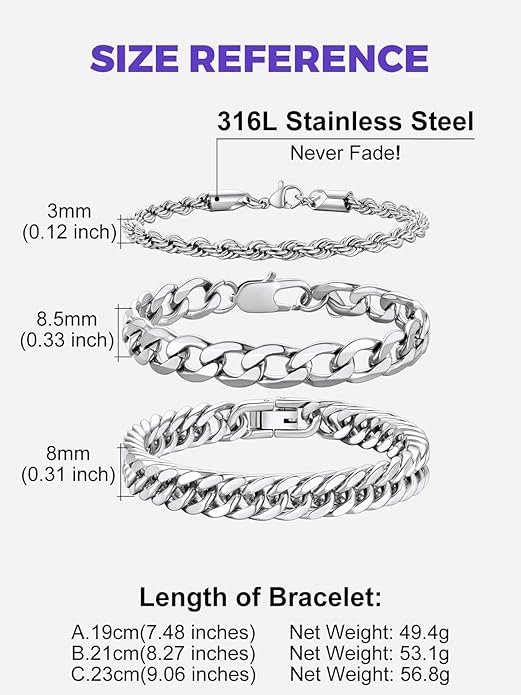 Richsteel 2PCS/3PCS Bracelets Chain for Men Women Stainless Steel Silver/Gold/Black Cuban/Rope Link Chain Bracelets Set, 7.4/8.2/9 Inch Hand Chain Length for Men Women Jewelry