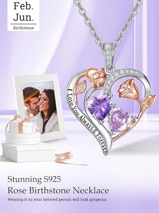 Zeuslia Double Birthstone Necklace Gifts for Wife - 925 Sterling Silver Sunflower/Rose/Crown Cross/Compass/Heart Pendant I Love You Necklace, Anniversary Birthday Gifts for Wife Girlfriend Mom Her