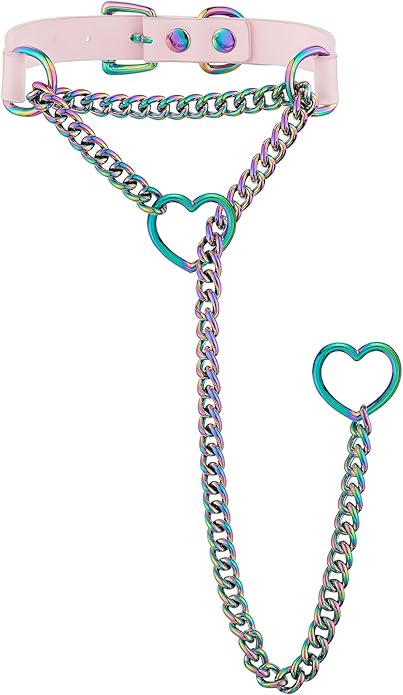 Handmade Black Heart Choker Collar For Women, Punk Gothic O-ring Slip Chain Necklace with Adjustable Vegan Leather Buckle