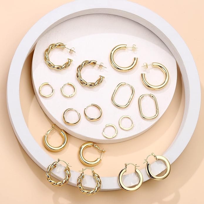 Yesteel 9 Pairs Gold Hoop Earrings for Women, 925 Sterling Silver Post 14K Real Gold Plated Chunky Hoop Earrings Set for Women Hypoallergenic Thick Lightweight Earring for Womens Jewelry Gifts