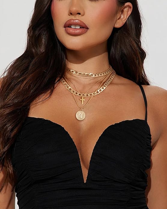 MJartoria Layered Necklaces for Women Trendy Retro Coin Pendant Necklace Dainty Chunky Chain Choker Necklaces for Jewelry Birthday Gifts