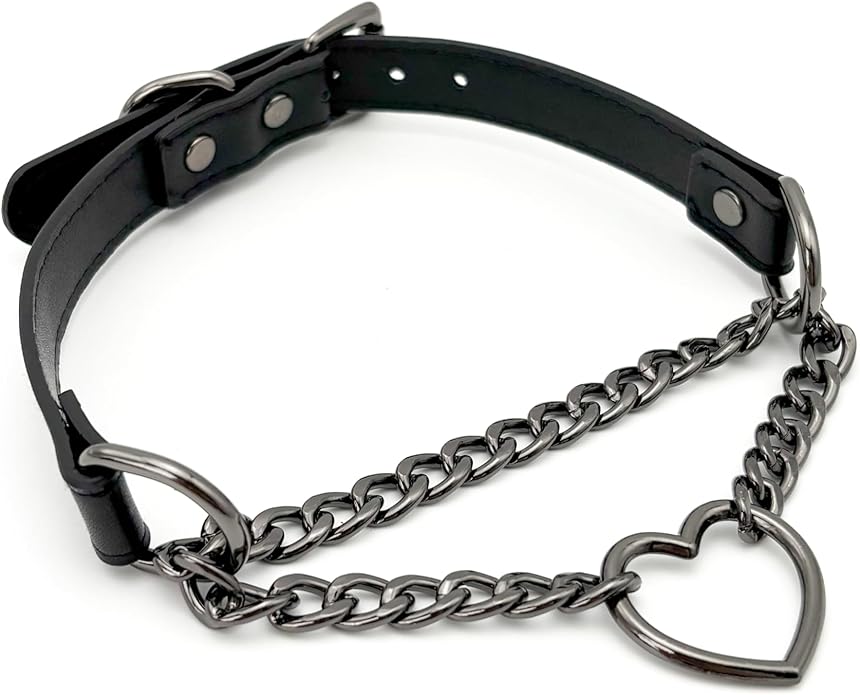 Black Leather Choker Collar For Women, Handmade Heart Slip Chain Choker Long Necklace with Adjustable Buckle