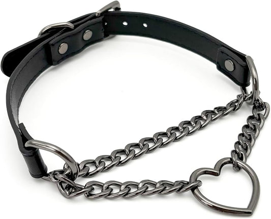 Black Leather Choker Collar For Women, Handmade Heart Slip Chain Choker Long Necklace with Adjustable Buckle