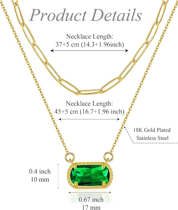 Lourny Gemstone Birthstone Pendant Layered Necklace for Women Trendy, 18K Gold Plated Paperclip Chain Preppy Choker Charm Necklace for Women Wife Jewelry