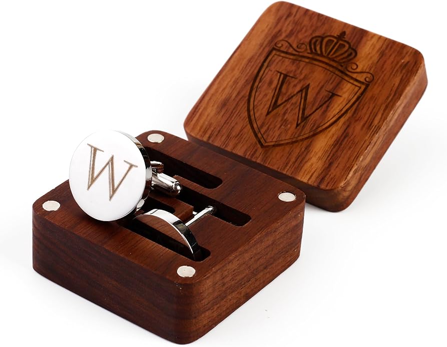 Mens Initial Silver Cufflinks A-Z Alphabet Letter Steel Cuff Links with Engraved Walnut Wood Box Groom Groomsman Wedding Set…