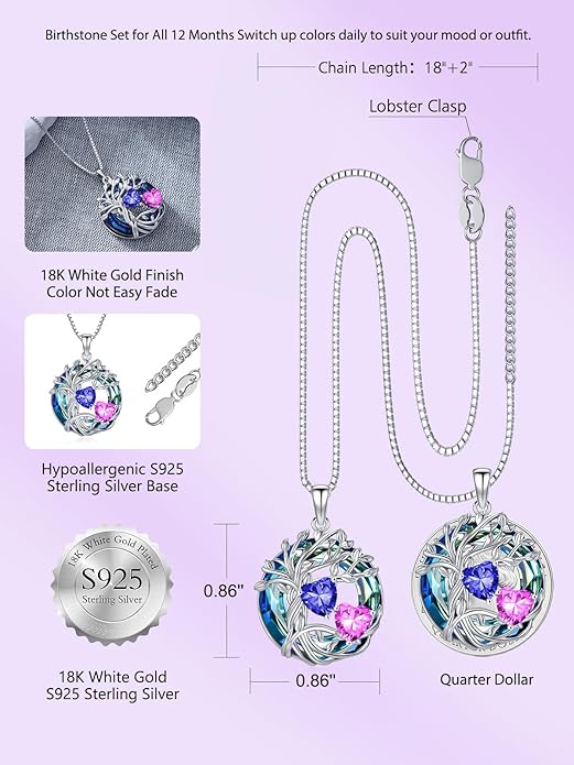 TOUPOP s925 Sterling Silver Family Celtic Tree of Life Pendant Necklaces with 2 Heart Birthstone with Blue Austrian Crystal Jewelry Birthday Anniversary Christmas Gifts for Her Wife Girlfriend Mom (18K Real White Gold Filled)