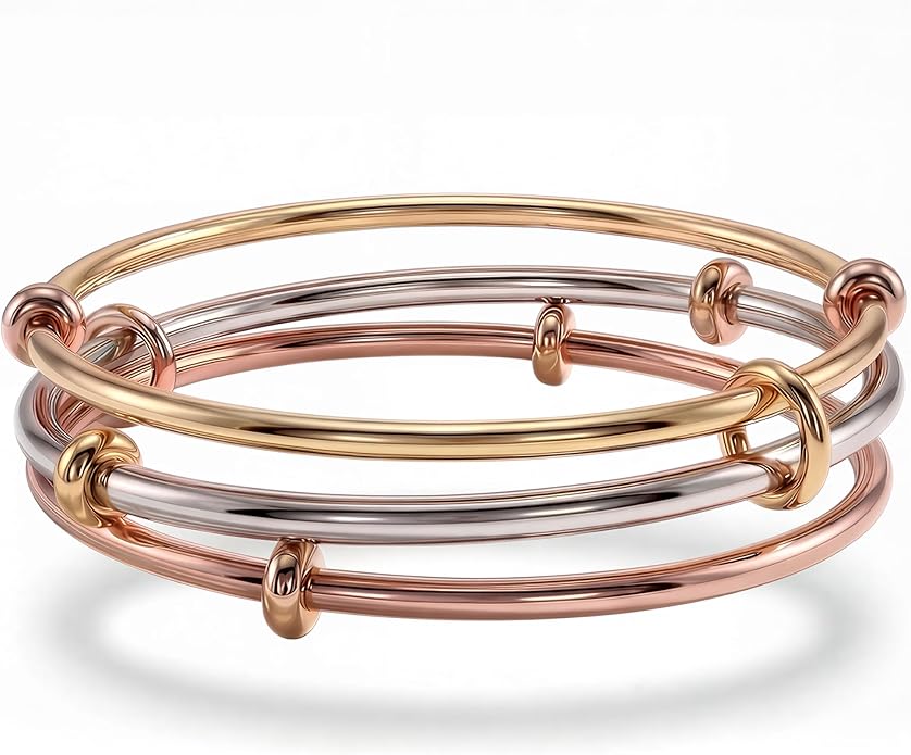 Musishiyu Gold Bracelets for Women Stacking Bangle - 18K Mixed Metal Tri-Color Rolling Interlocking Bands, Cubic Zirconia Fidget Anxiety Jewelry, Valentine's Galentine's Day Gifts (Love, Loyalty, Friendship)