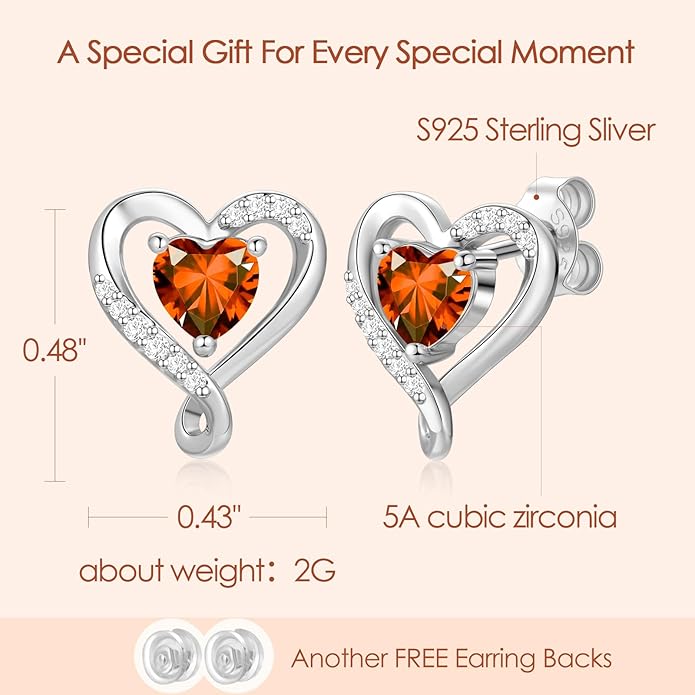 Earrings for Women, S925 Sterling Silver Rose Gold Birthstone Heart Studs Earring for Girlfriend Wife, Anniversary Birthday Christmas Valentines Mothers Day Gifts Jewelry for Women Wife Her Mom