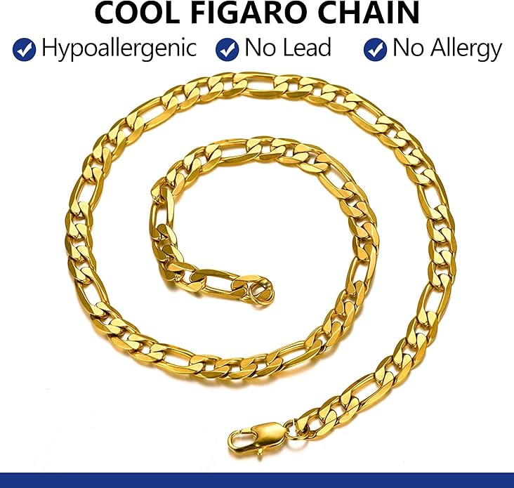 PROSTEEL 316L Stainless Steel Figaro Cuban Chain Necklace for Men, Black/18K Real Gold Plated, 4/5/6/7.5/9/10/13mm, 14inch-30inch, Come with Box