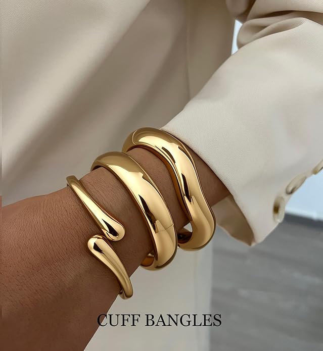 Chunky Gold Bangle Bracelets for Women, 14k Dainty Gold Cuff Stackable Bracelet Set, Trendy Bracelet Stack Fashion Jewelry Gifts