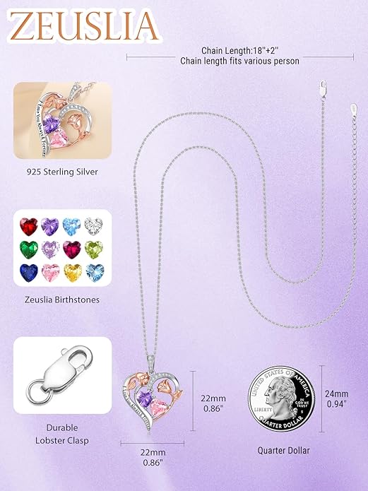 Zeuslia Double Birthstone Necklace Gifts for Wife - 925 Sterling Silver Sunflower/Rose/Crown Cross/Compass/Heart Pendant I Love You Necklace, Anniversary Birthday Gifts for Wife Girlfriend Mom Her