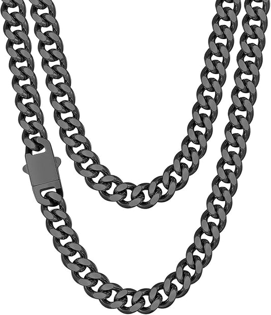 Fiusem Valentines Day Gifts for Him Silver Tone/Black/14K Gold Plated Chain Necklace for Men, 5mm/6mm/7.5mm/8mm/9mm Stainless Steel Cuban Link Chain Necklace, Men's Chains 18-28 Inch Jewelry Gifts