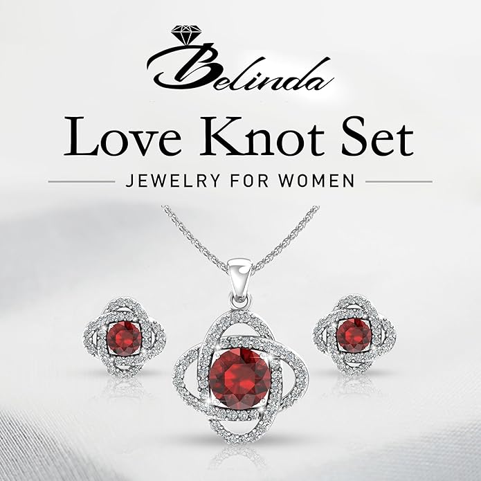 Women 925 Sterling Silver Cute Love Knot Sparkling Gemstone Push Back Stud Earrings Hanging Pendant Necklace Beautiful Fine Jewelry Accessory Set, 1.65 Carat
