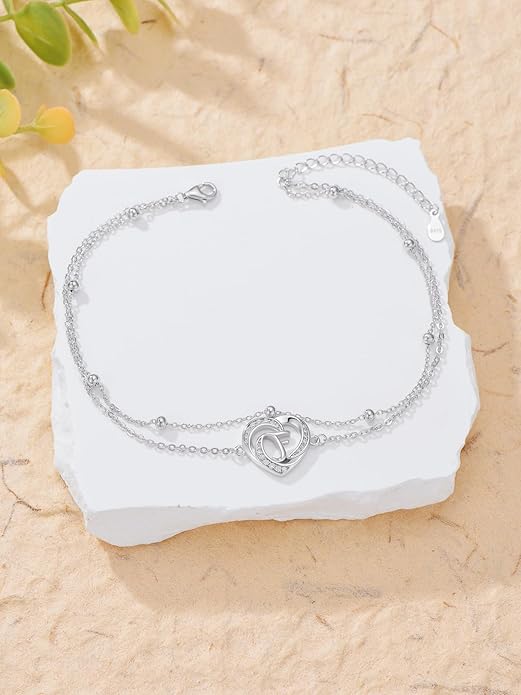 Dorunmo Initial Anklet 925 Sterling Silver Letter A-Z Layered Heart Anklet Beach Jewelry Birthday Gifts for Women
