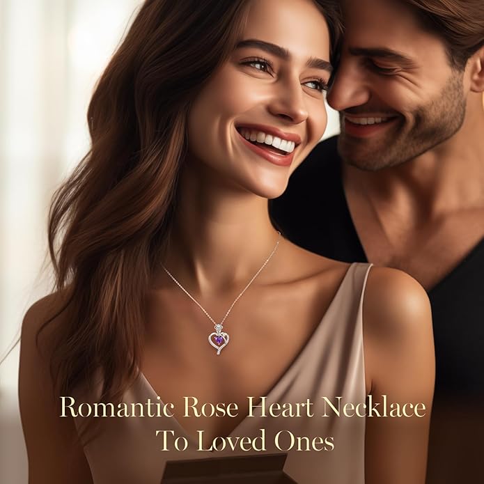 LOUISA SECRET Rose Flower Heart Birthstone Necklaces for Women, 925 Sterling Silver Fine Jewelry, Pendant Heart Necklaces Birthday Anniversary Christmas Gift for Women Wife Mom Girlfriend Lady